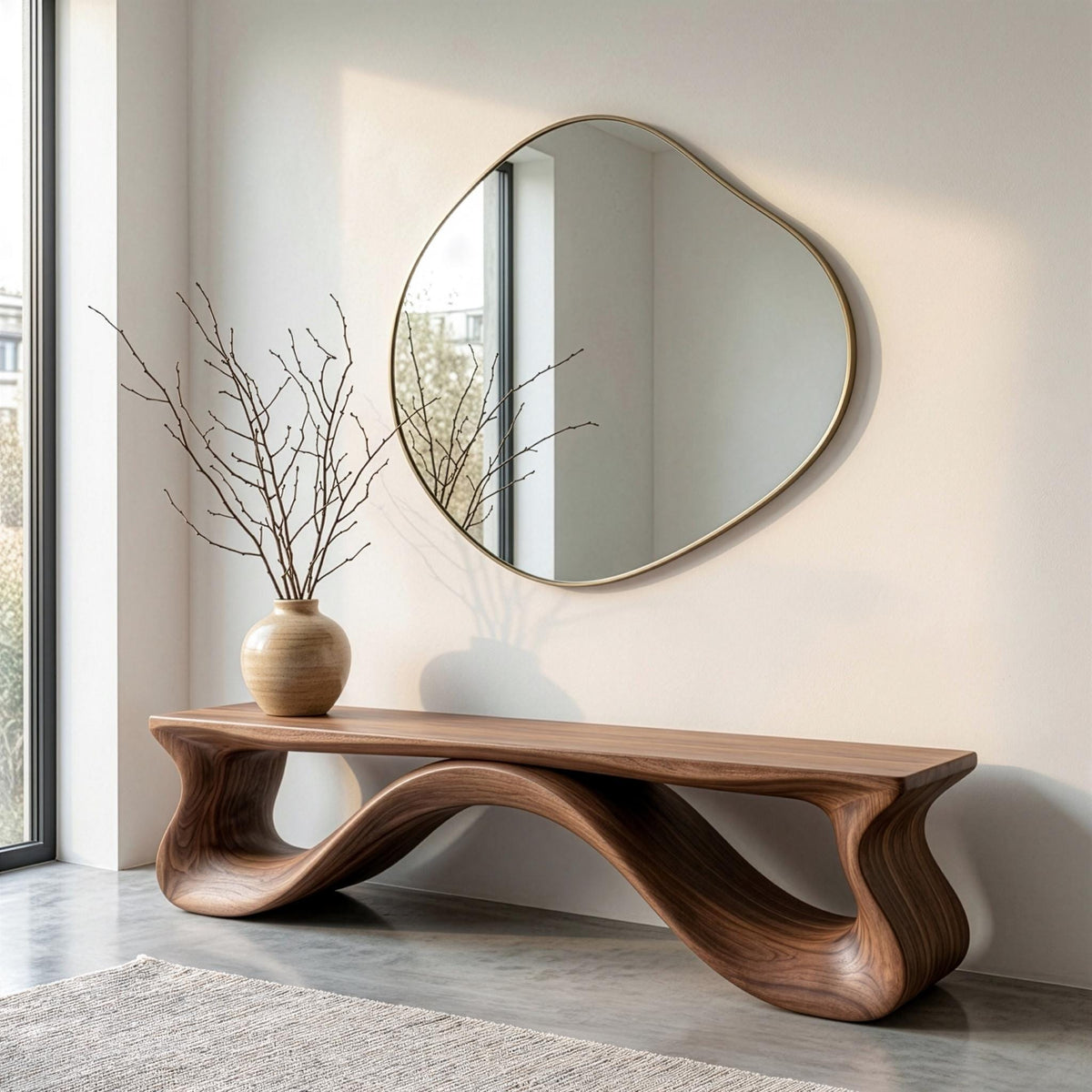 Handmade Solid Walnut Bench, Sculptural Mid-Century Modern Entryway Seating