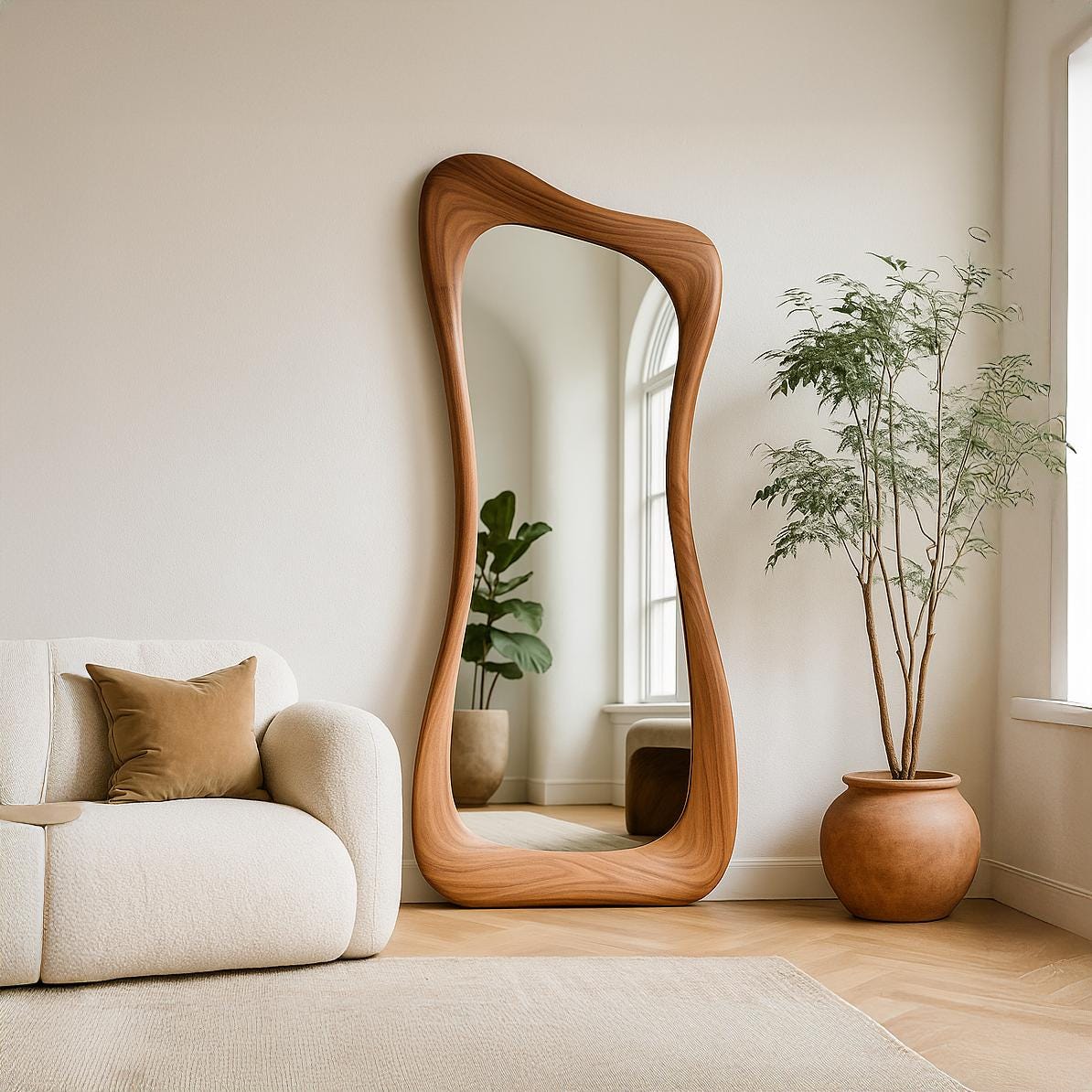 Asymmetrical Walnut Full Length Mirror: Modern Organic Wall Decor Main image
