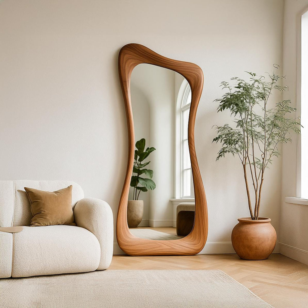Asymmetrical Walnut Full Length Mirror: Modern Organic Wall Decor