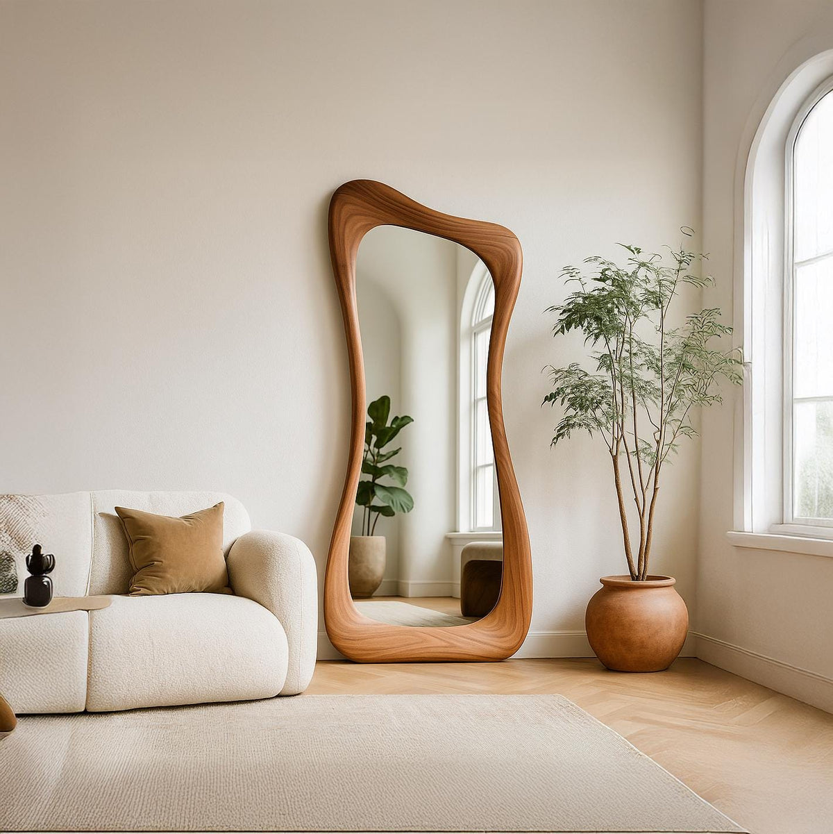 Asymmetrical Walnut Full Length Mirror: Modern Organic Wall Decor