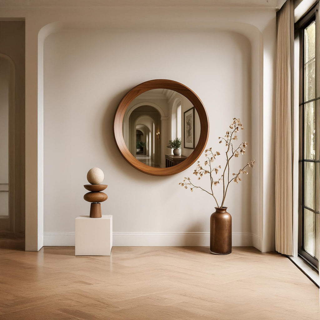 Walnut Round Mirror – Mid Century Modern Wooden Wall Mirror