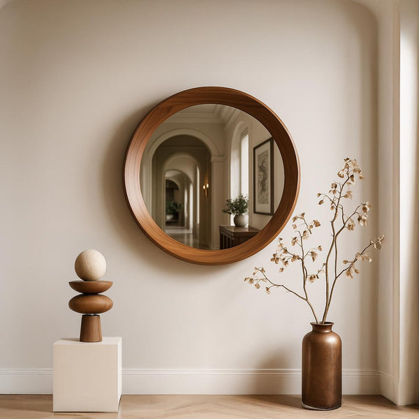 Walnut Round Mirror – Mid Century Modern Wooden Wall Mirror