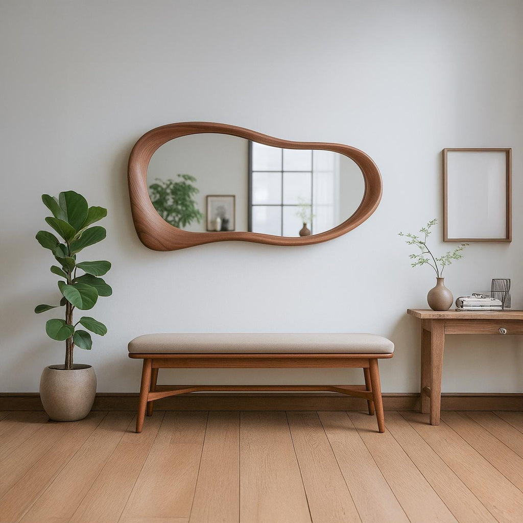 Solid Walnut Asymmetrical Mirror, Organic Modern Entryway Wall Art