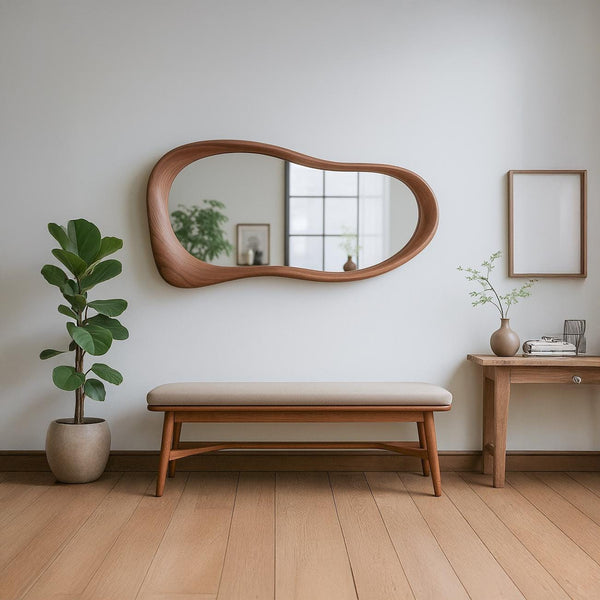 Solid Walnut Asymmetrical Mirror, Organic Modern Entryway Wall Art