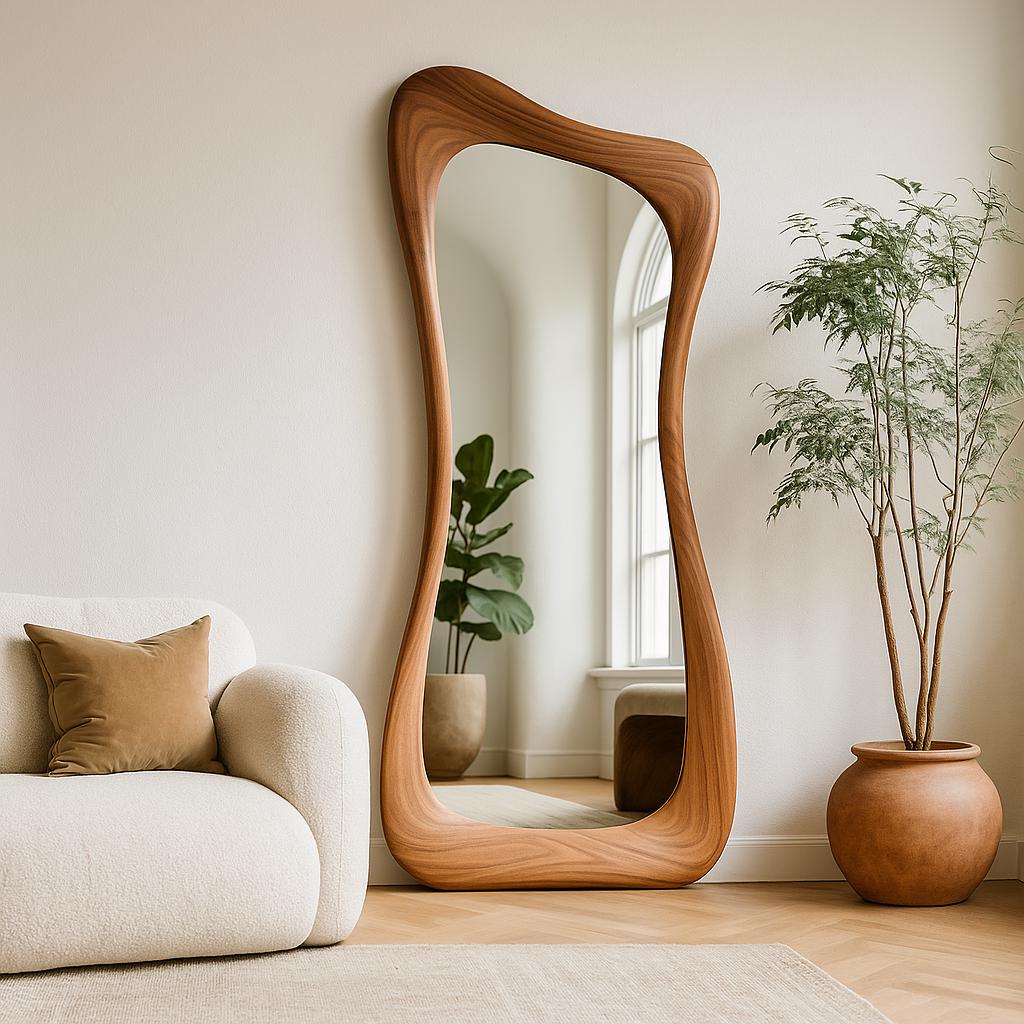 Asymmetrical Walnut Full Length Mirror: Modern Organic Wall Decor