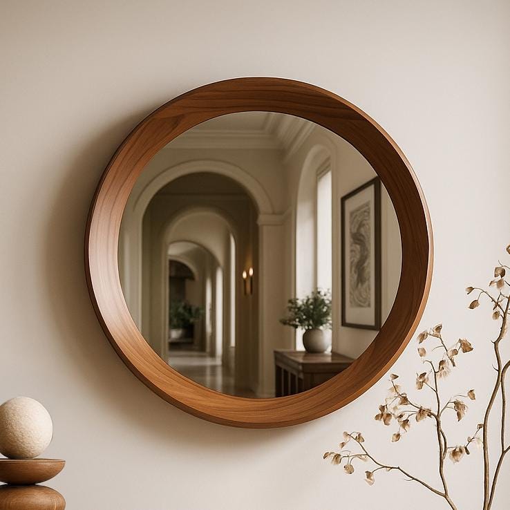 Walnut Round Mirror – Mid Century Modern Wooden Wall Mirror
