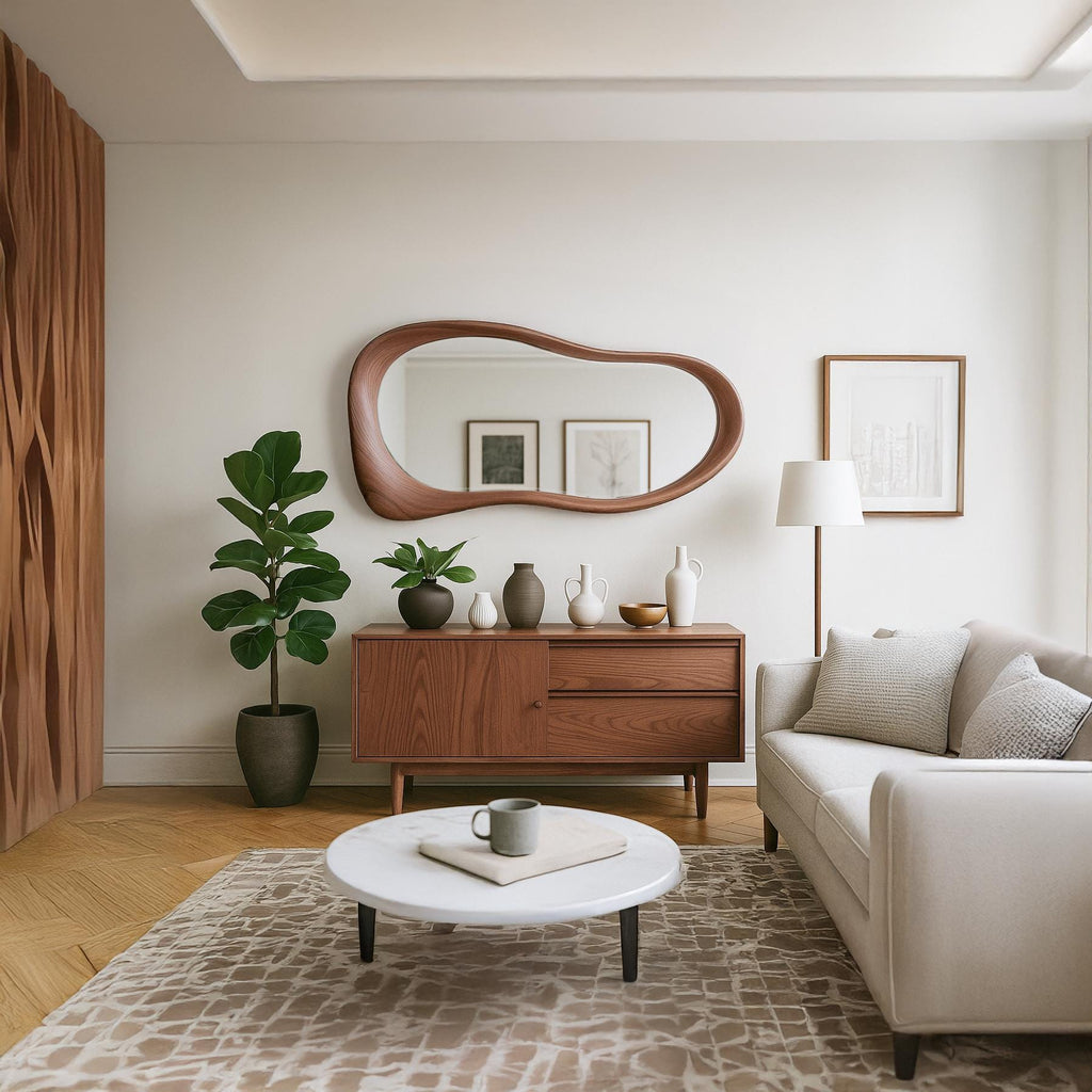 Solid Walnut Asymmetrical Mirror, Organic Modern Entryway Wall Art
