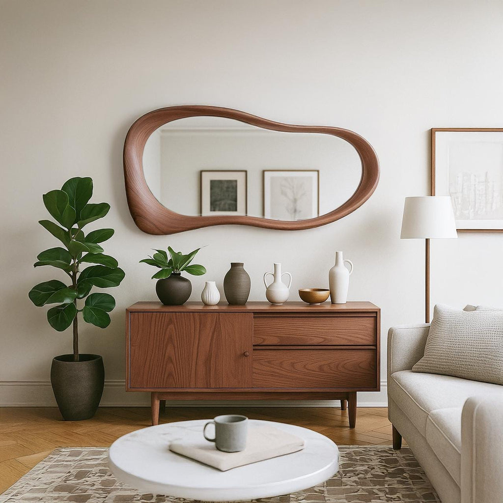 Solid Walnut Asymmetrical Mirror, Organic Modern Entryway Wall Art