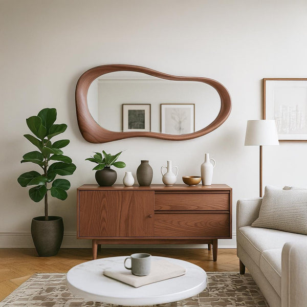 Solid Walnut Asymmetrical Mirror, Organic Modern Entryway Wall Art