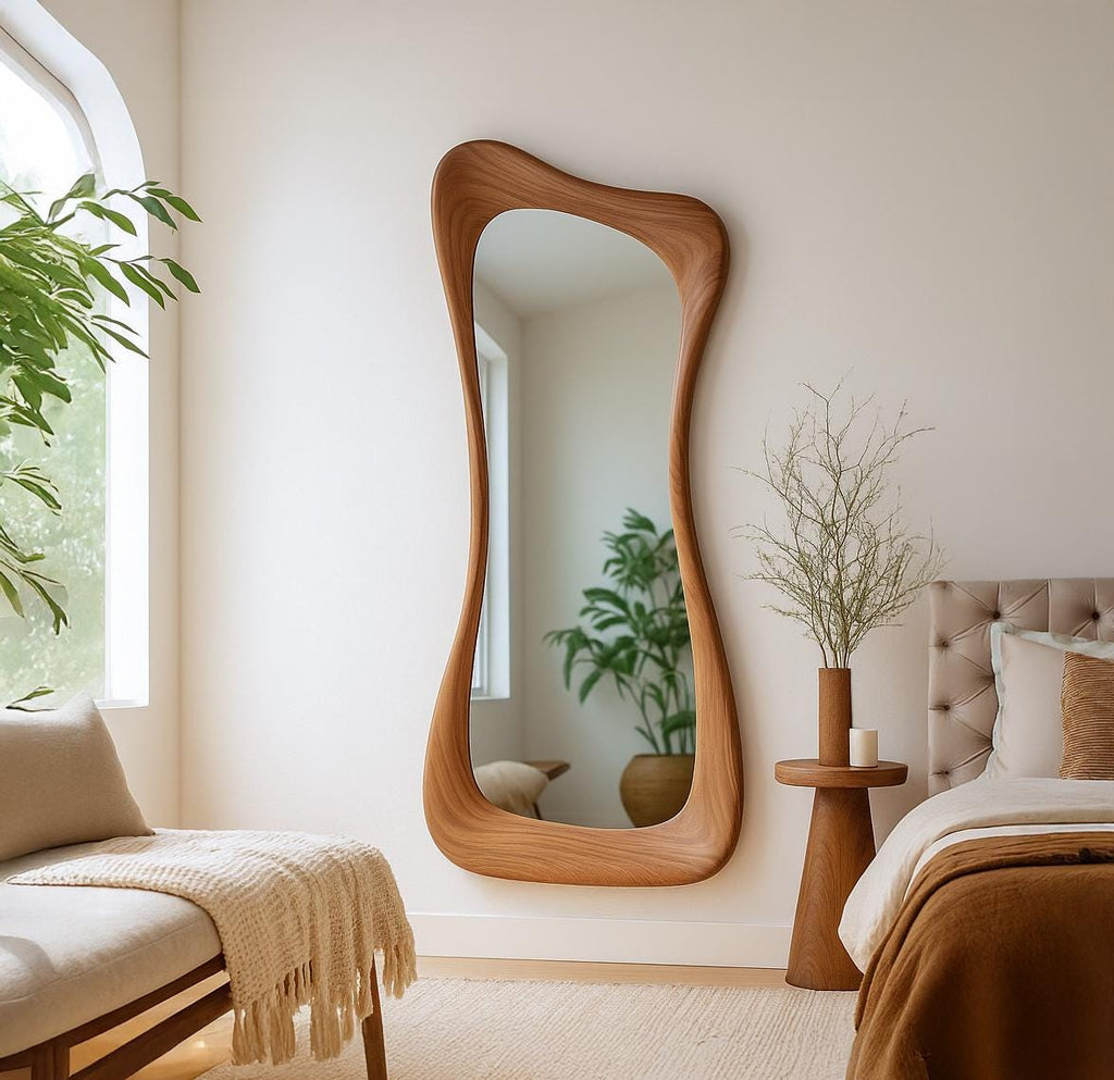Asymmetrical Walnut Full Length Mirror: Modern Organic Wall Decor