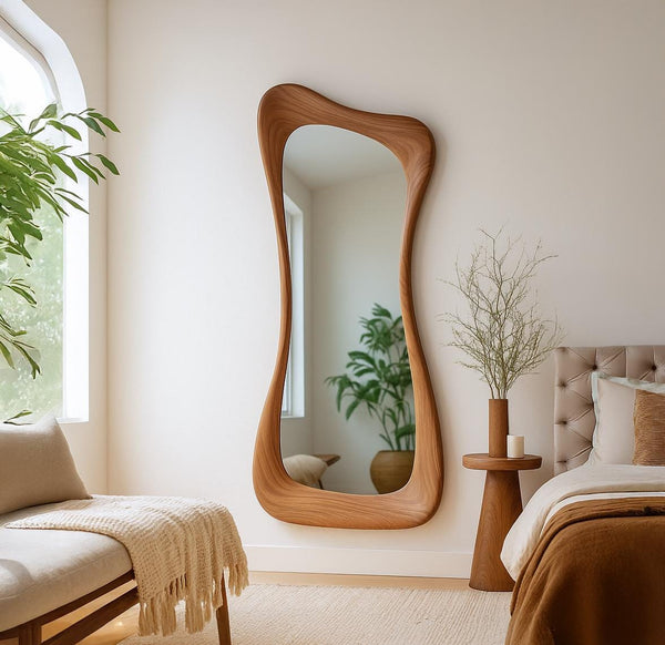 Asymmetrical Walnut Full Length Mirror: Modern Organic Wall Decor