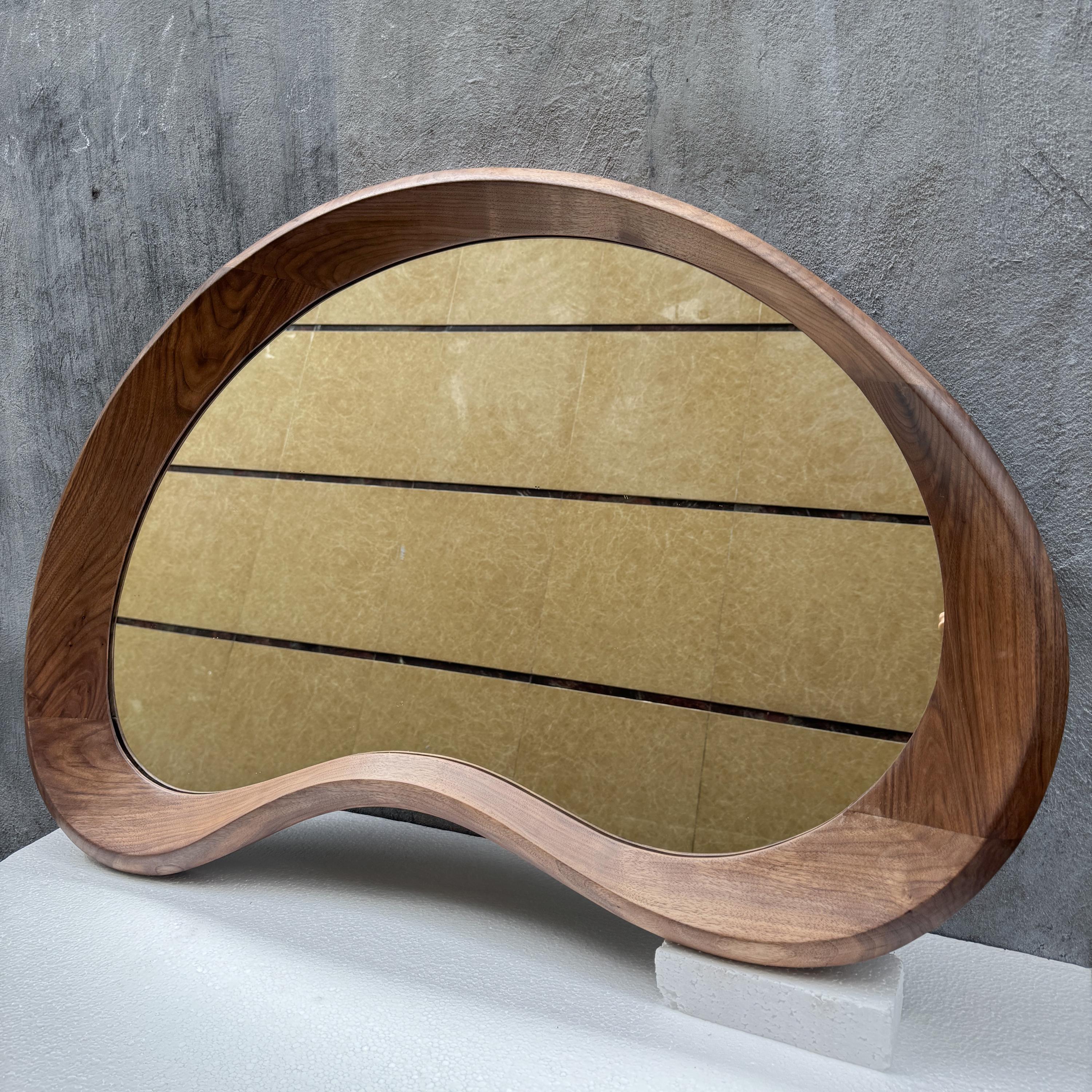 Solid Walnut Asymmetrical Mirror, Organic Mid Century Modern Bathroom Wood Mirror