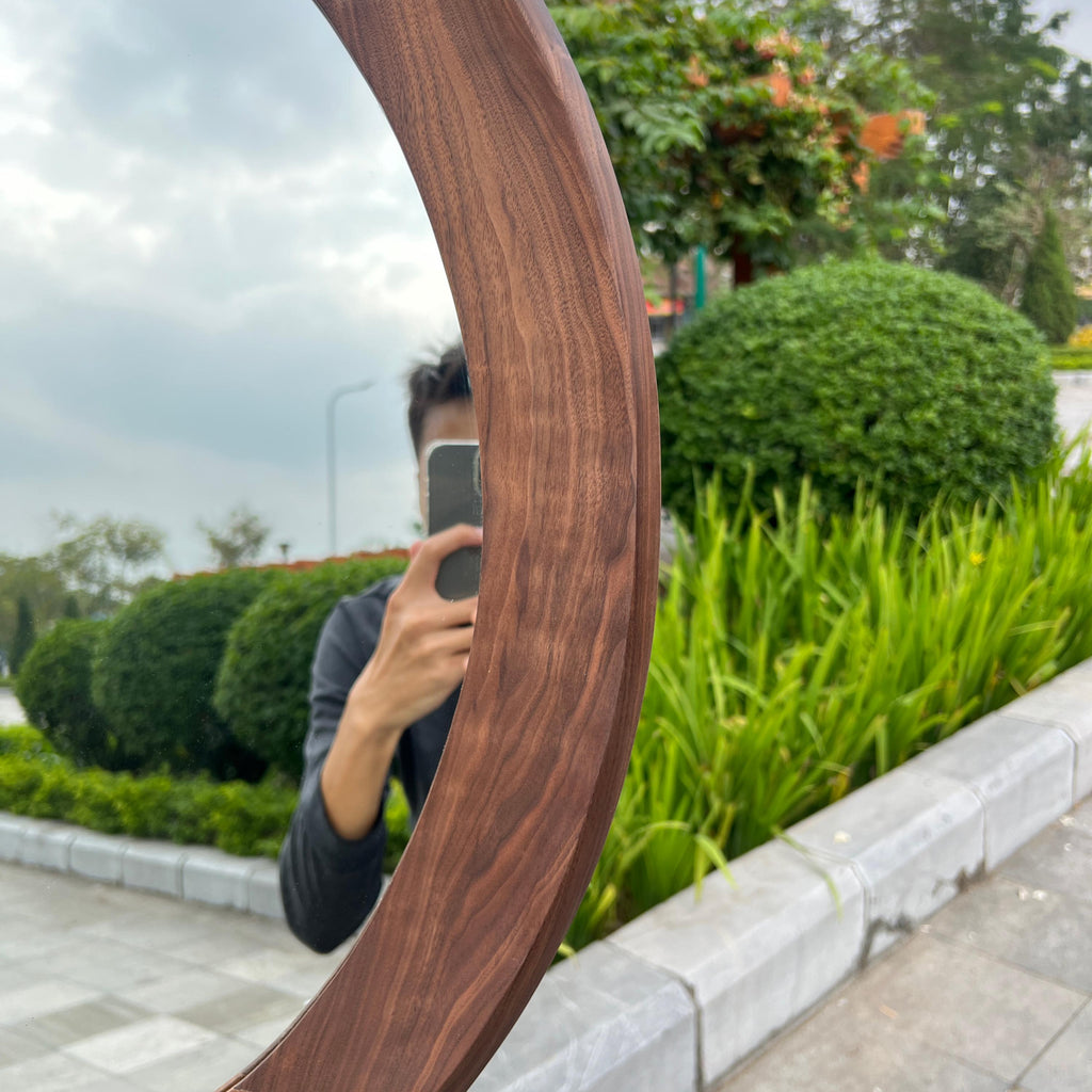 Walnut Round Mirror – Mid Century Modern Wooden Wall Mirror