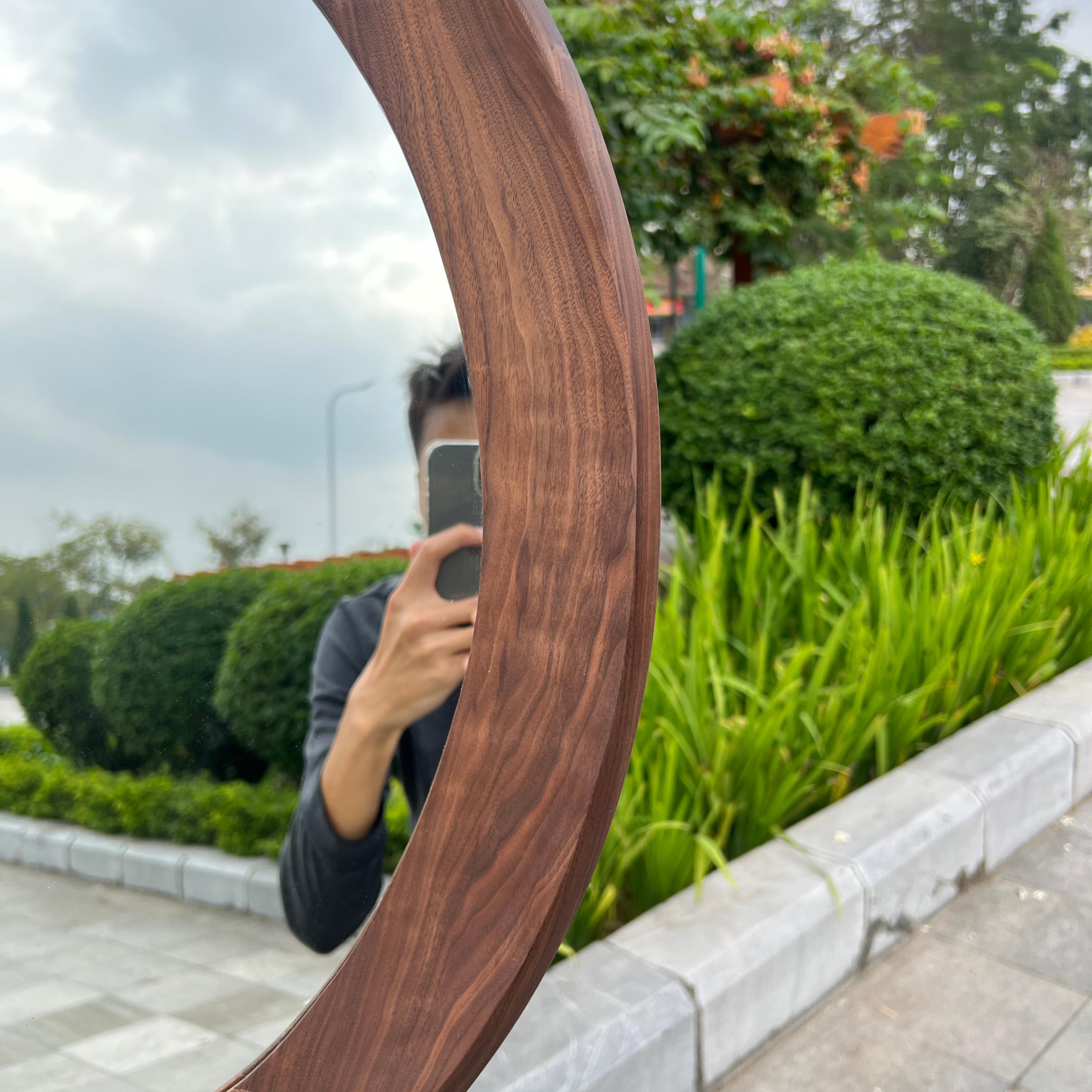 Walnut Round Mirror – Mid Century Modern Wooden Wall Mirror
