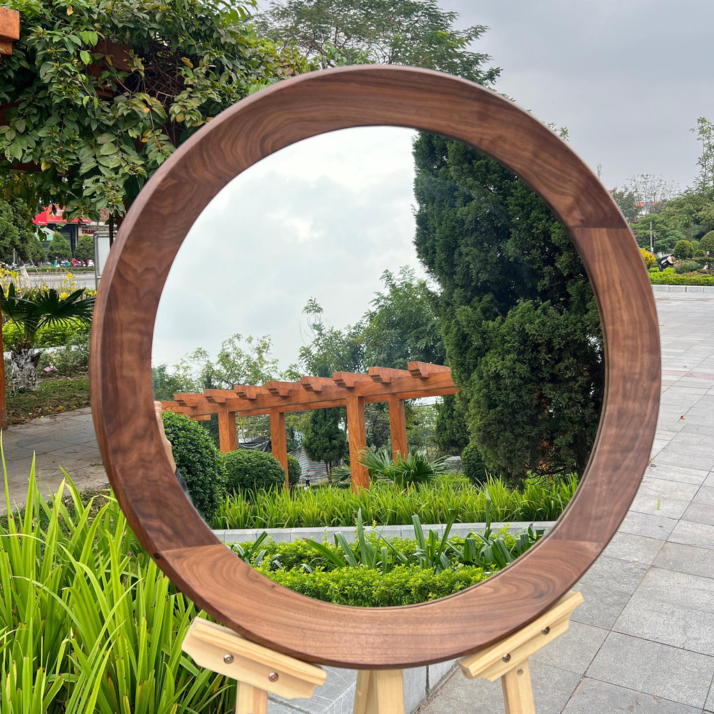 Walnut Round Mirror – Mid Century Modern Wooden Wall Mirror