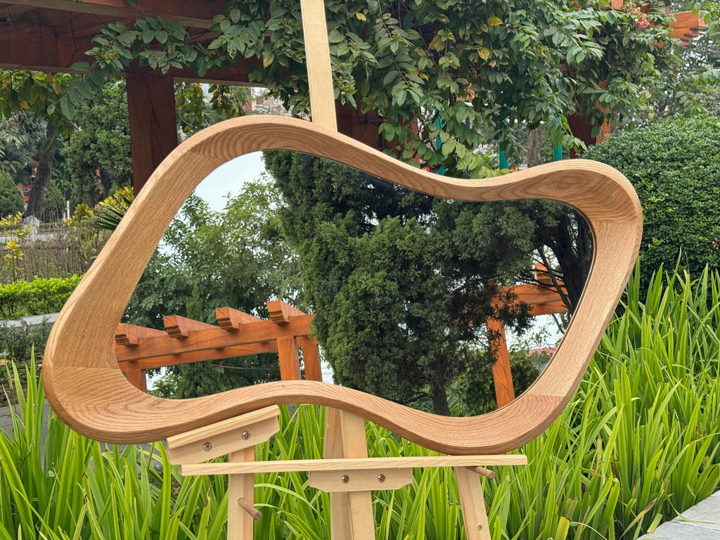 Handcrafted Oak Asymmetrical Mirror, Organic Modern Entryway Wall Art