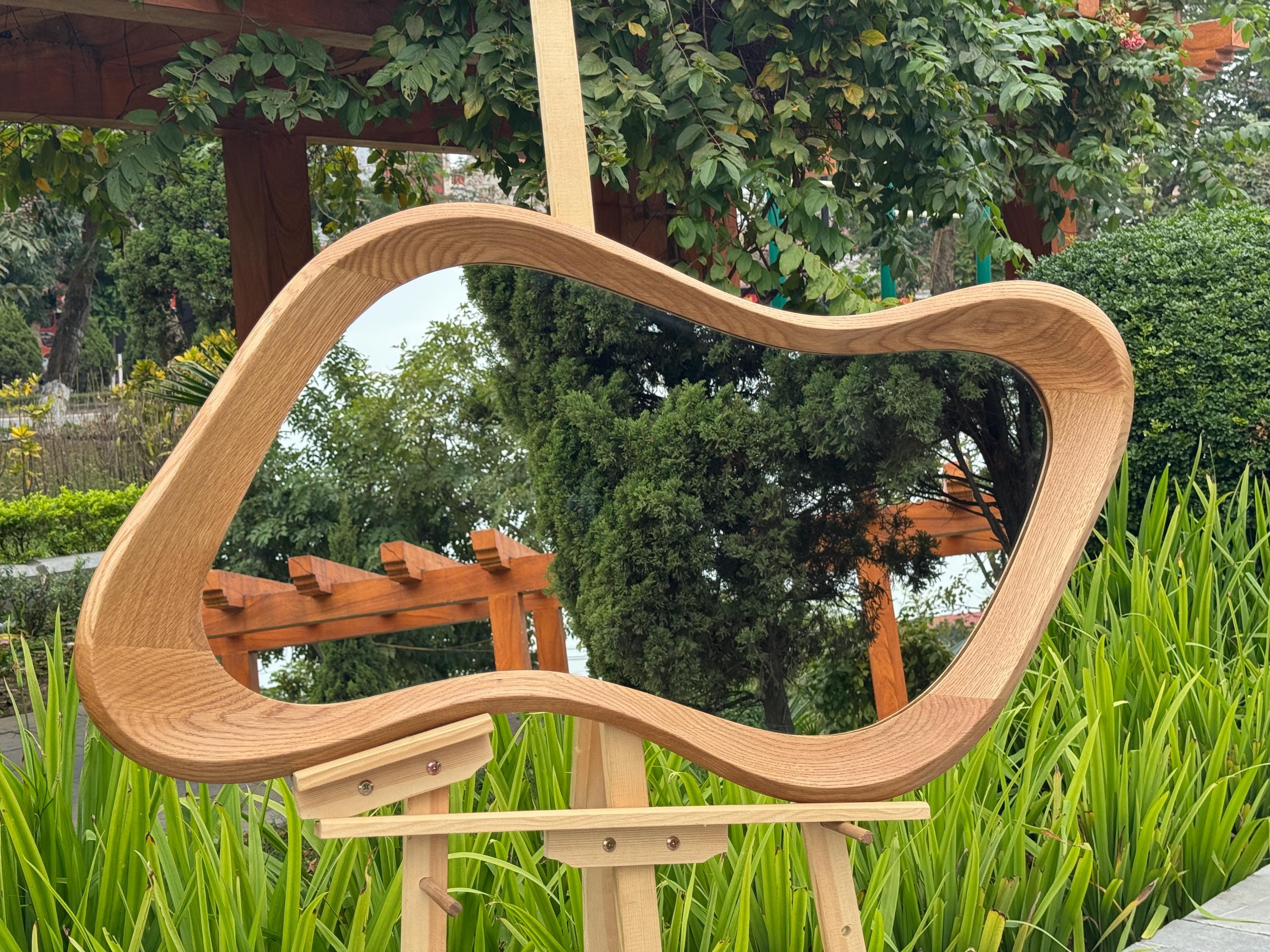 Handcrafted Oak Asymmetrical Mirror, Organic Modern Entryway Wall Art