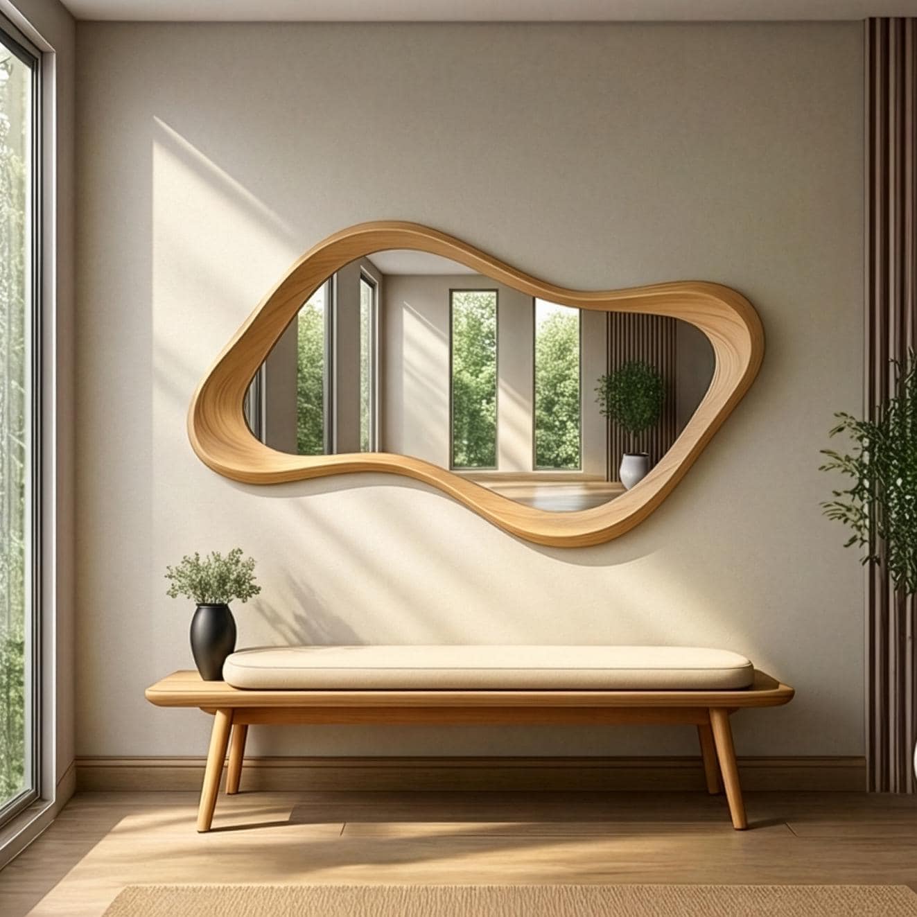Handcrafted Oak Asymmetrical Mirror, Organic Modern Entryway Wall Art