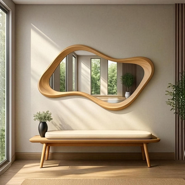 Handcrafted Oak Asymmetrical Mirror, Organic Modern Entryway Wall Art