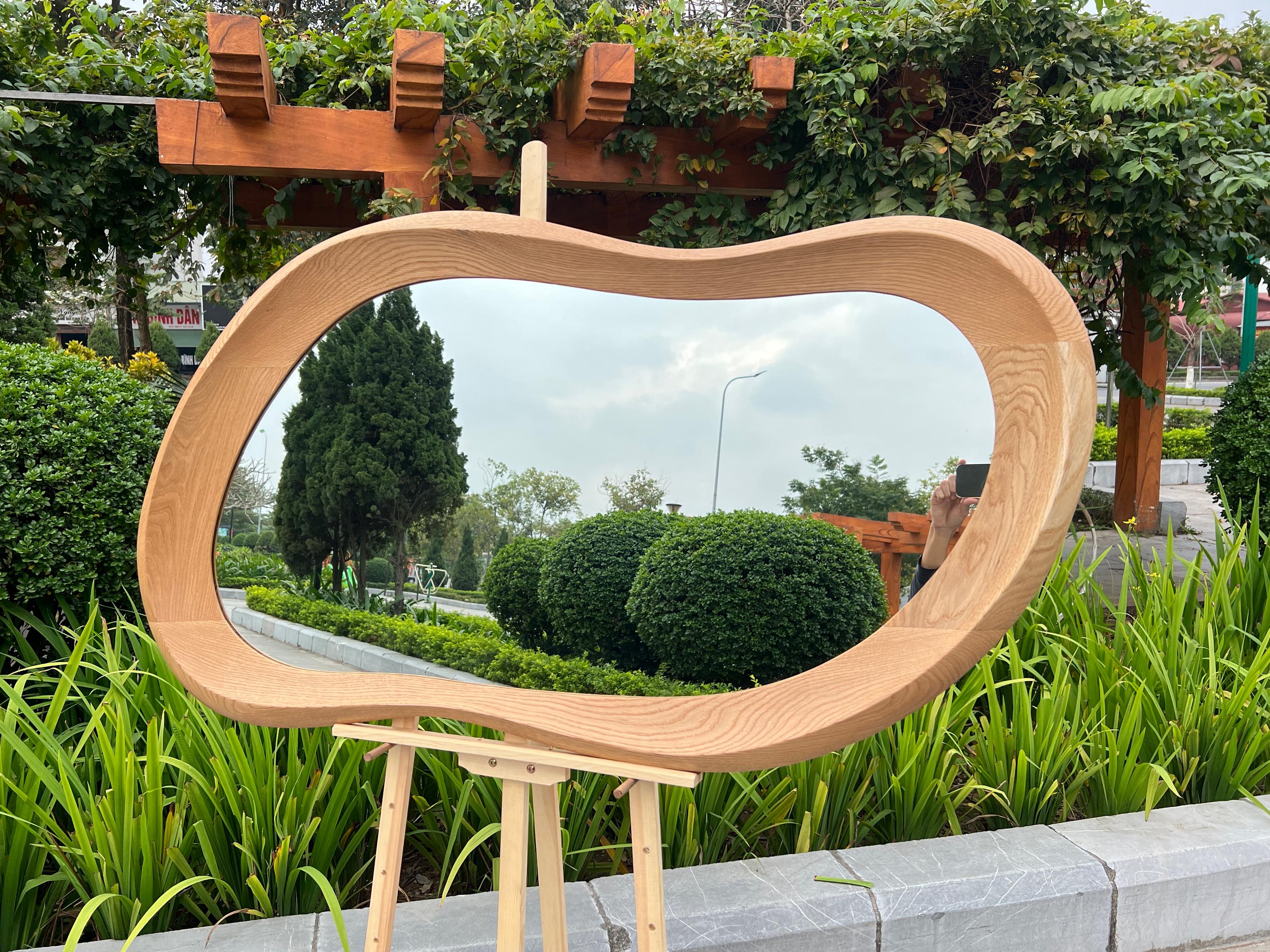 Asymmetrical Oak Mirror, Organic Wood Framed Entryway Wall Art
