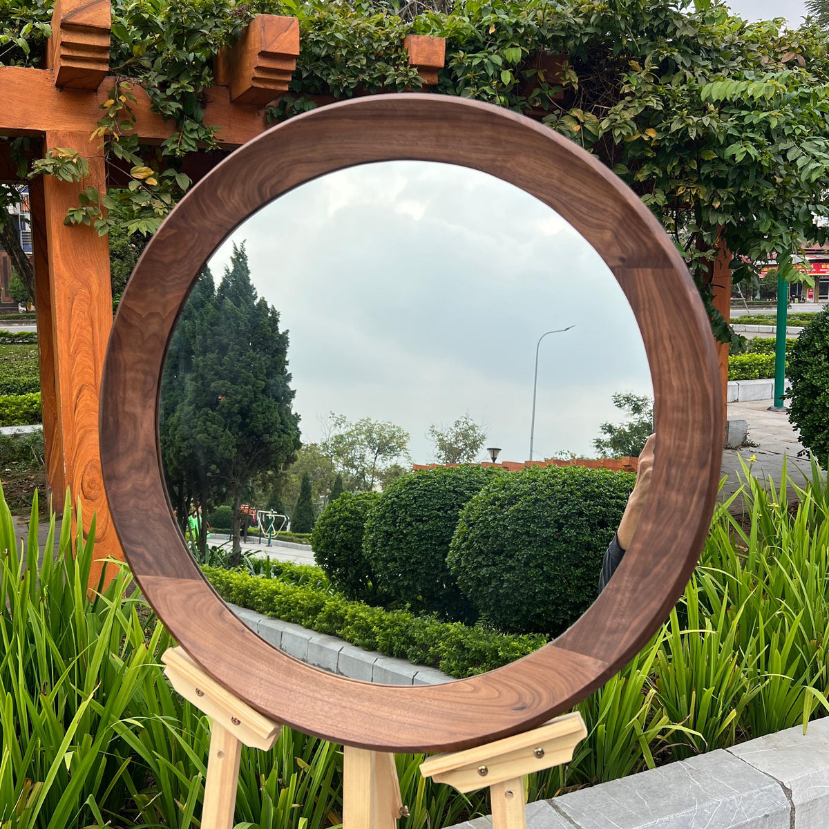 Walnut Round Mirror – Mid Century Modern Wooden Wall Mirror