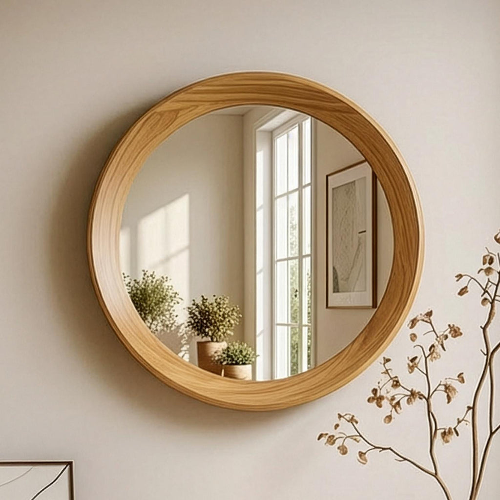 Oak Framed Round Wall Mirror, Mid Century Modern