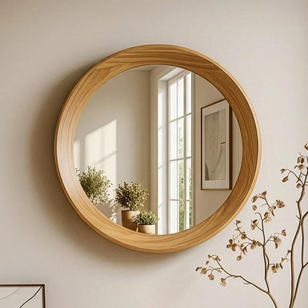Oak Framed Round Wall Mirror, Mid Century Modern