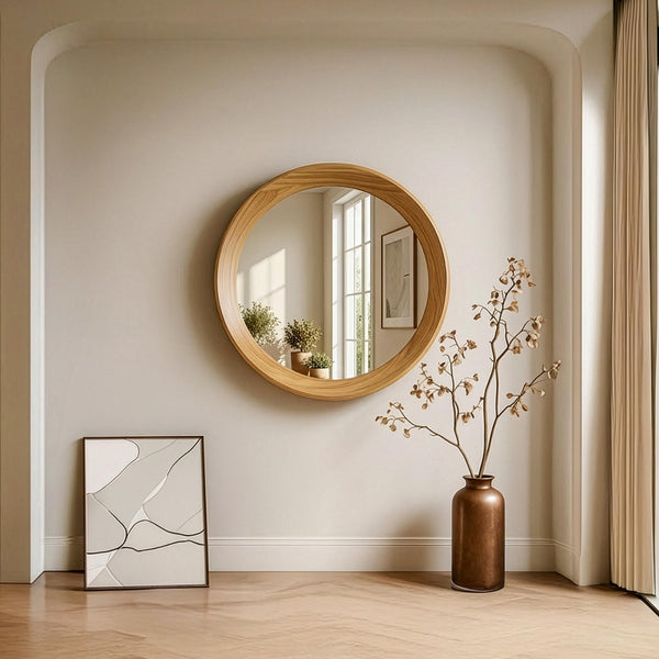 Oak Framed Round Wall Mirror, Mid Century Modern