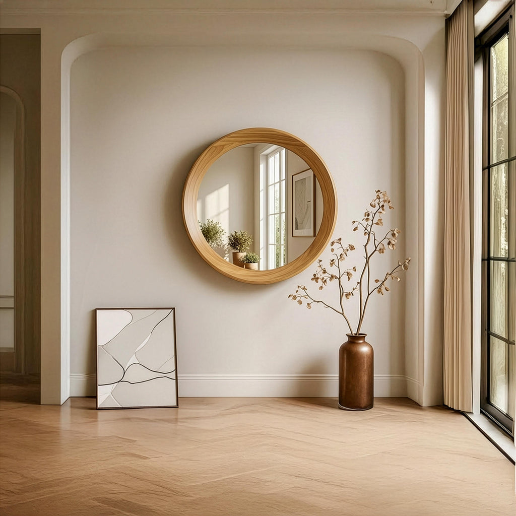 Oak Framed Round Wall Mirror, Mid Century Modern