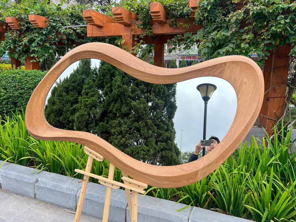 Handmade Oak Asymmetrical Mirror, Organic Modern Entryway Wall Art