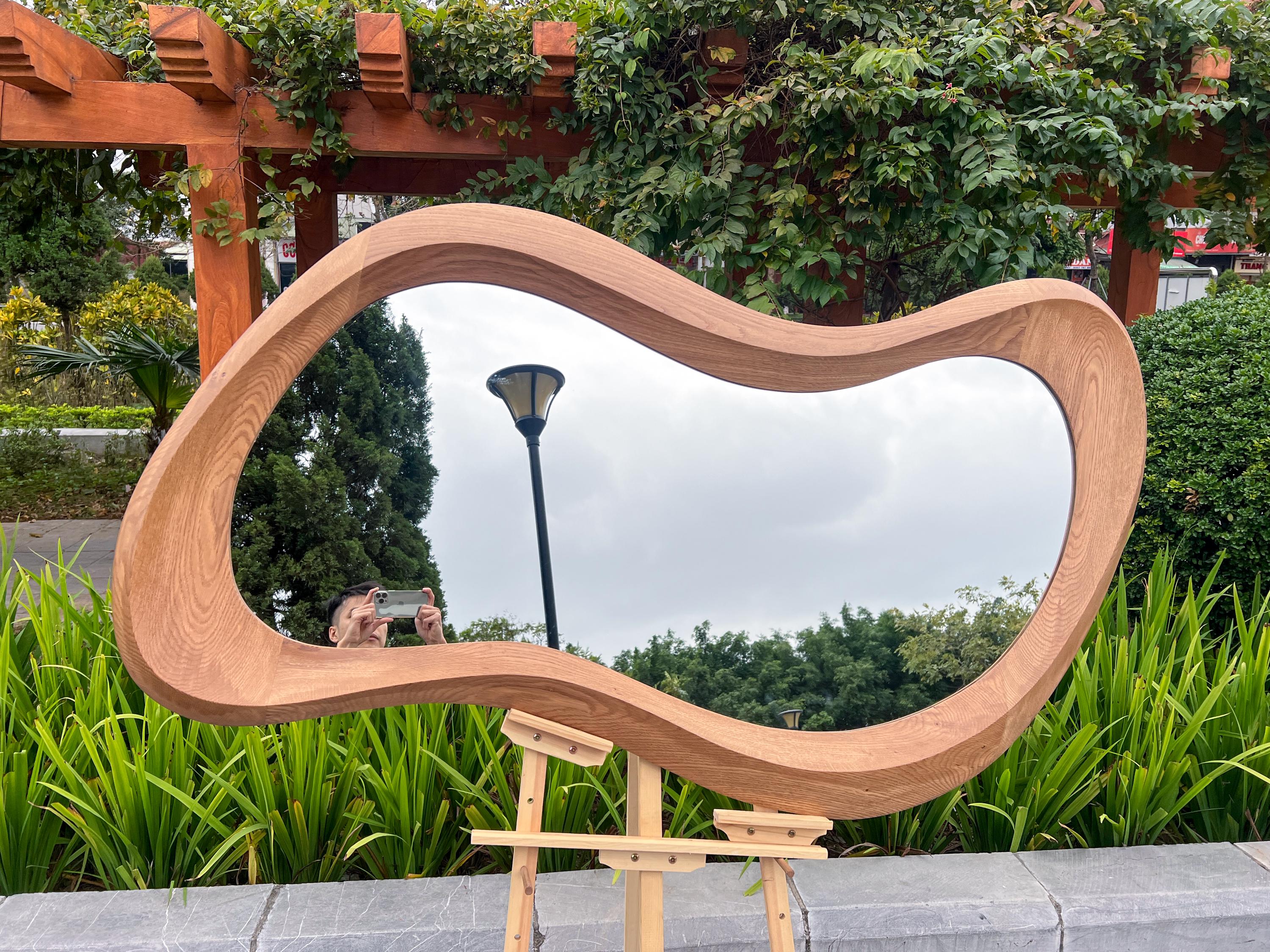 Handmade Oak Asymmetrical Mirror, Organic Modern Entryway Wall Art