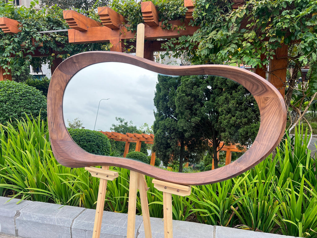 Solid Walnut Asymmetrical Mirror, Organic Modern Entryway Wall Art