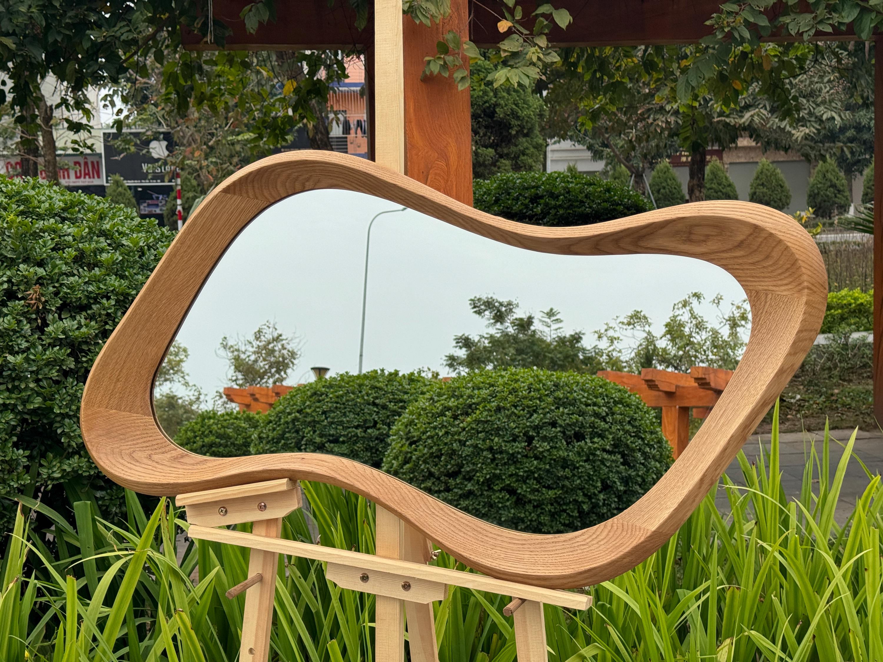 Handcrafted Oak Asymmetrical Mirror, Organic Modern Entryway Wall Art