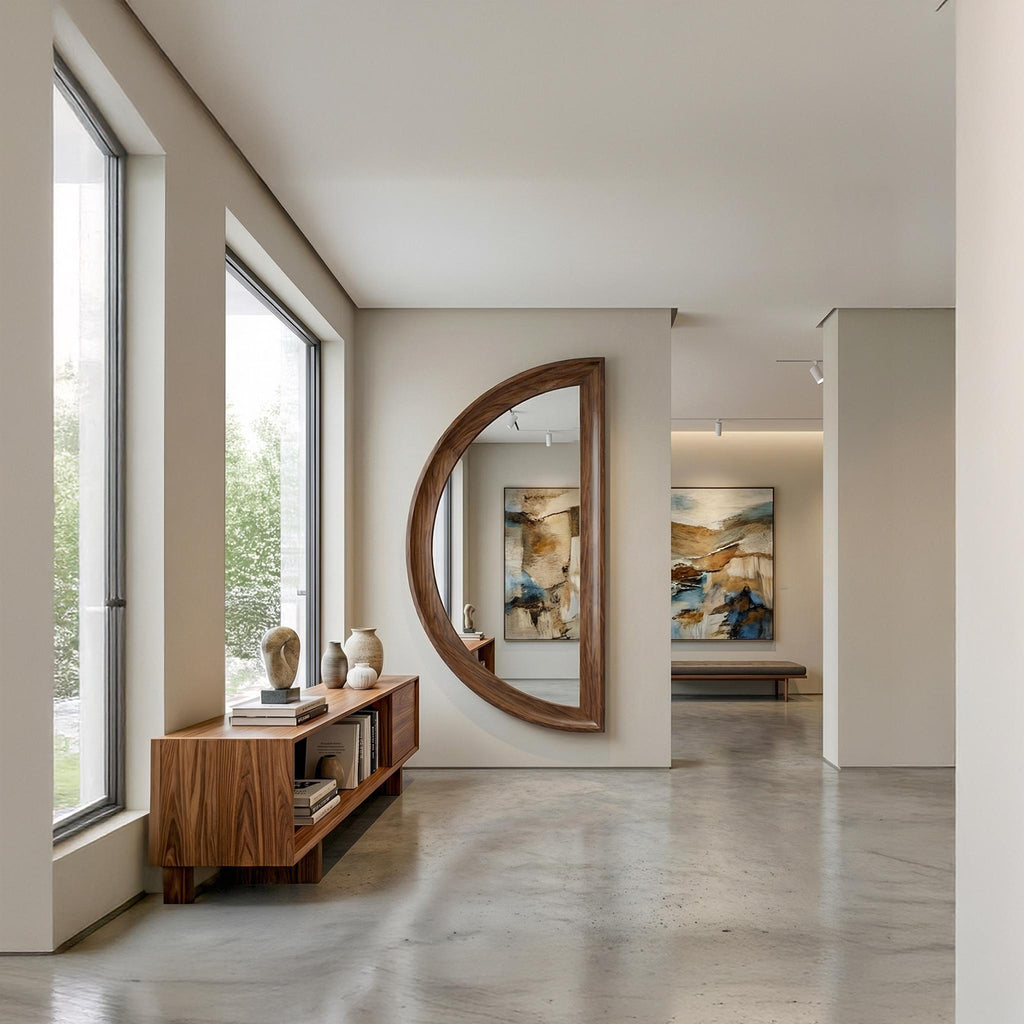 Asymmetrical Half Moon Walnut Wall Mirror – Handmade Modern Vanity Decor