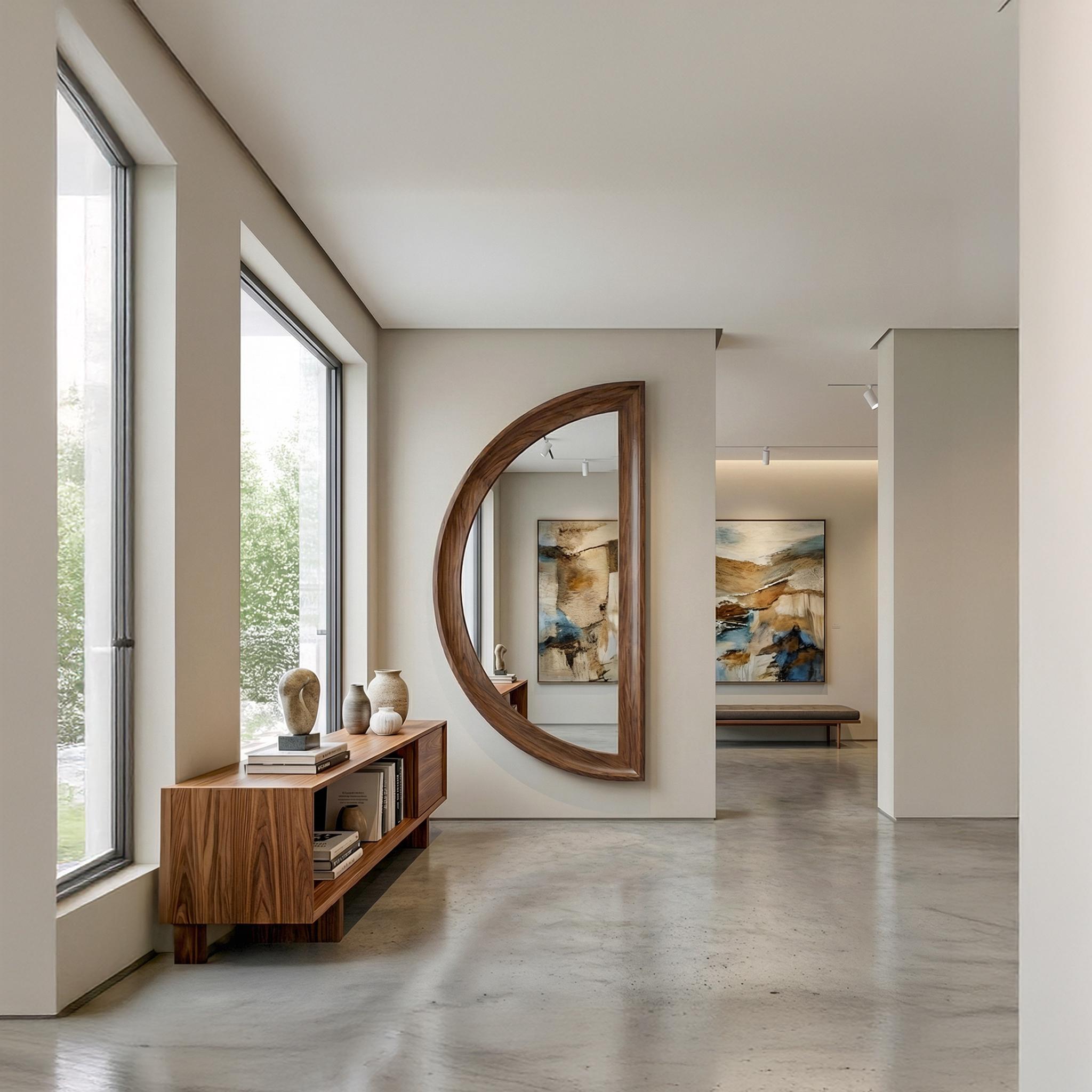 Asymmetrical Half Moon Walnut Wall Mirror – Handmade Modern Vanity Decor