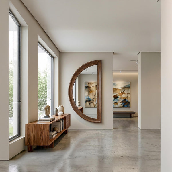 Asymmetrical Half Moon Walnut Wall Mirror – Handmade Modern Vanity Decor