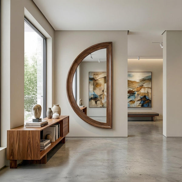 Asymmetrical Half Moon Walnut Wall Mirror – Handmade Modern Vanity Decor