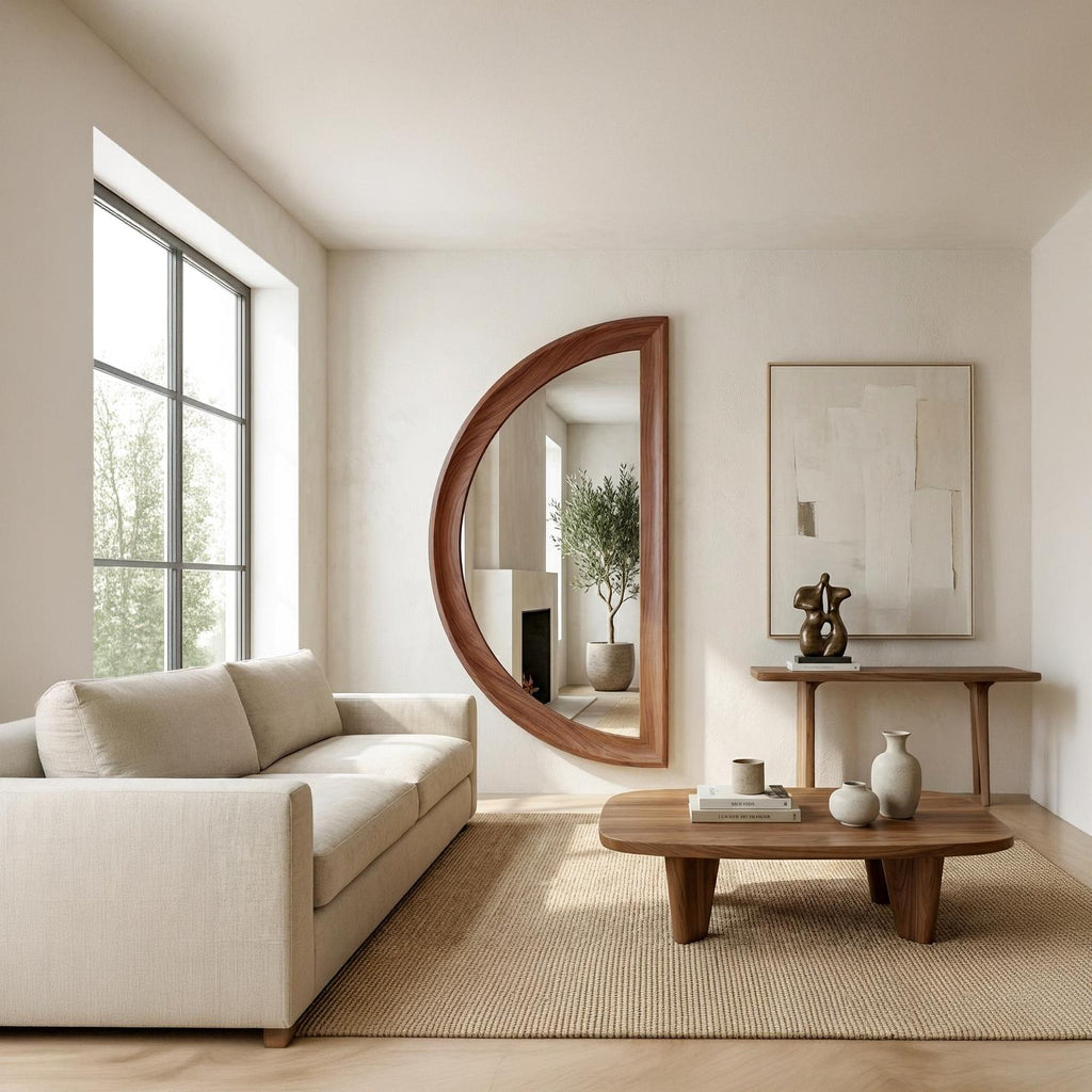 Asymmetrical Half Moon Walnut Wall Mirror – Handmade Modern Vanity Decor