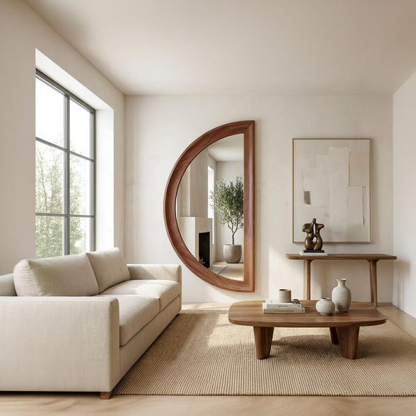 Asymmetrical Half Moon Walnut Wall Mirror – Handmade Modern Vanity Decor