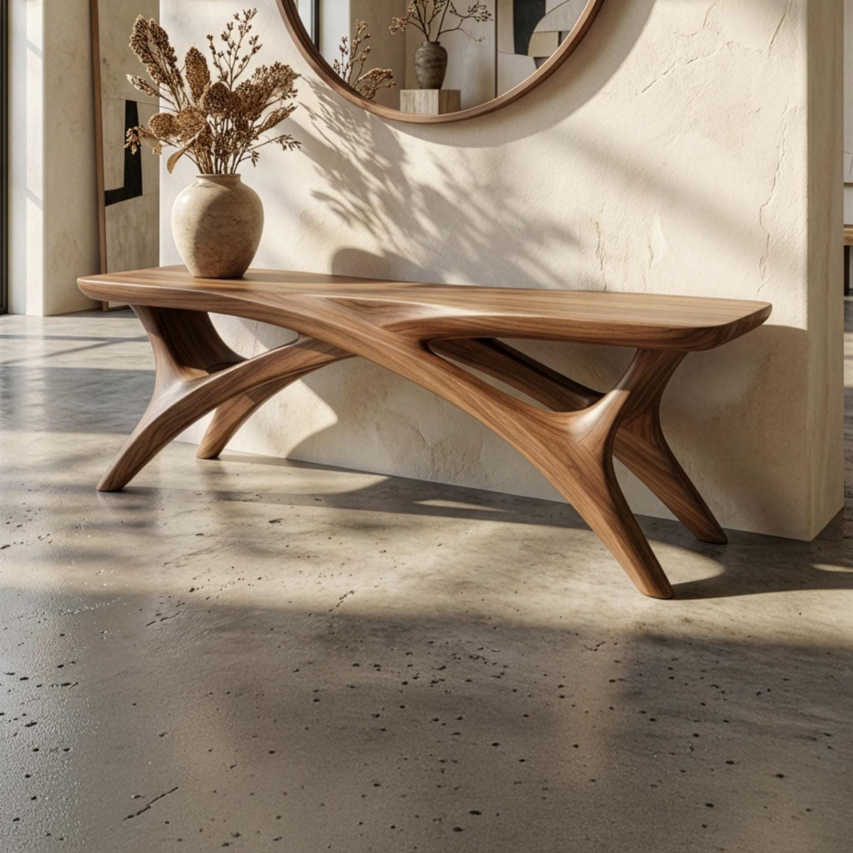 Real Walnut Wood Bench: Mid-Century Modern Entryway Side Table