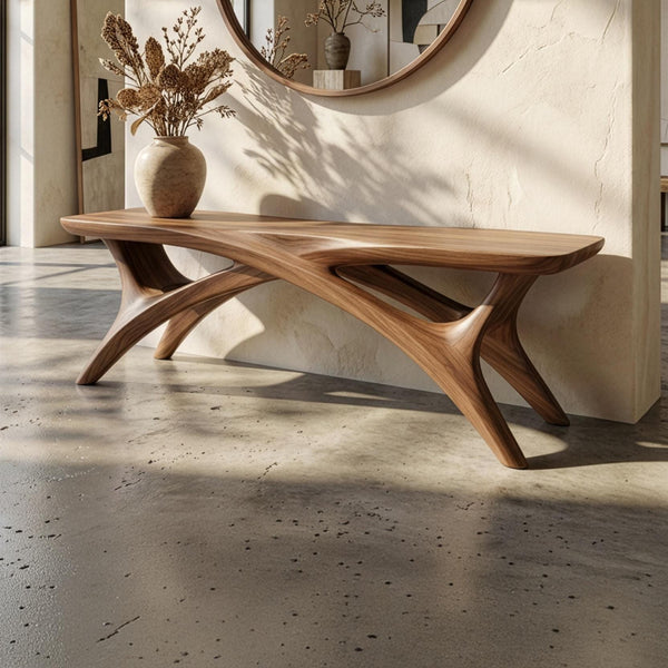 Real Walnut Wood Bench: Mid-Century Modern Entryway Side Table