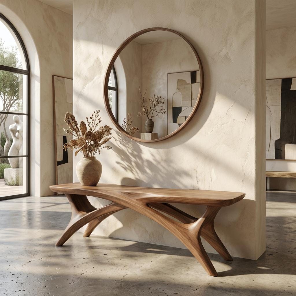 Real Walnut Wood Bench: Mid-Century Modern Entryway Side Table