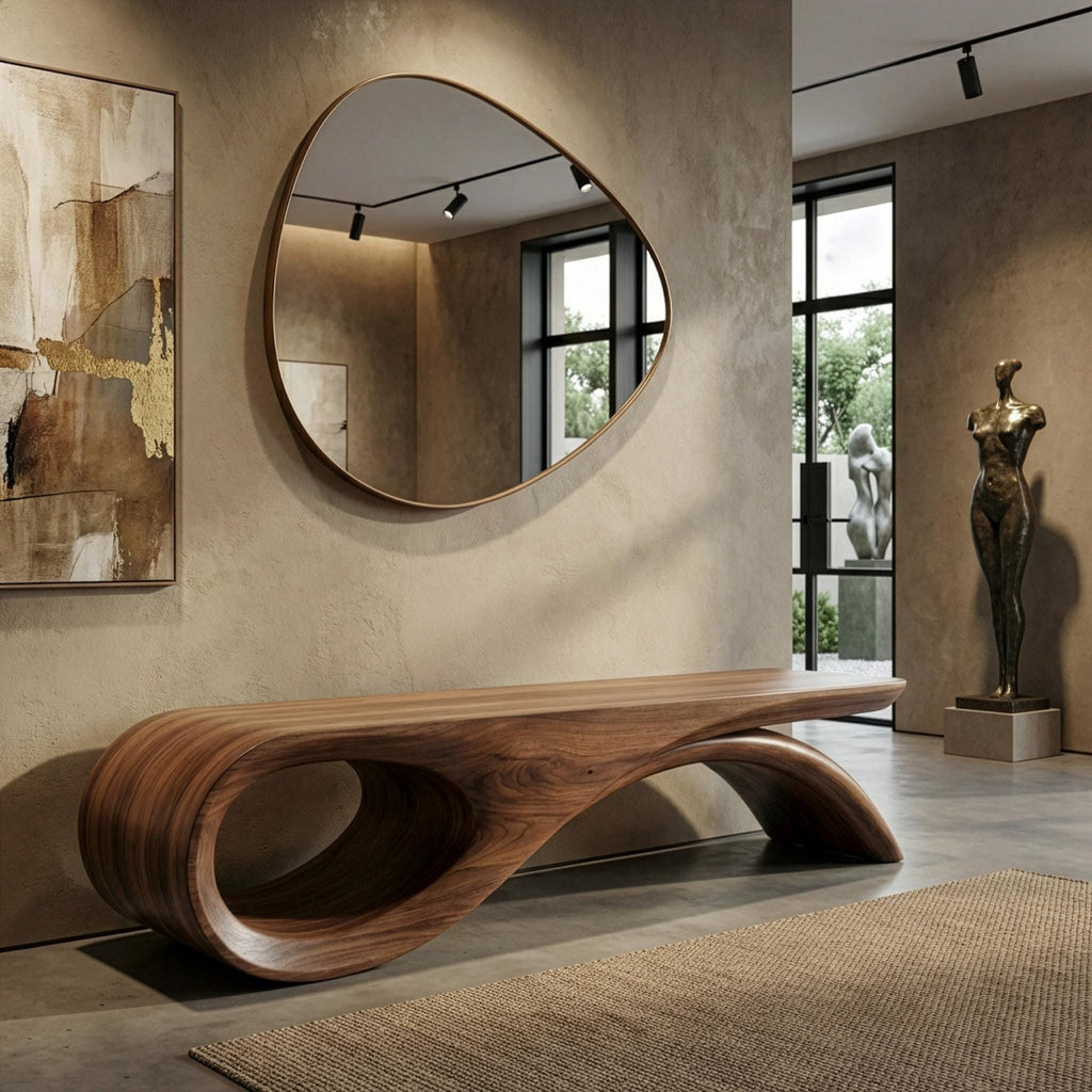 Handmade Solid Walnut Bench, Sculptural Mid-Century Modern Design