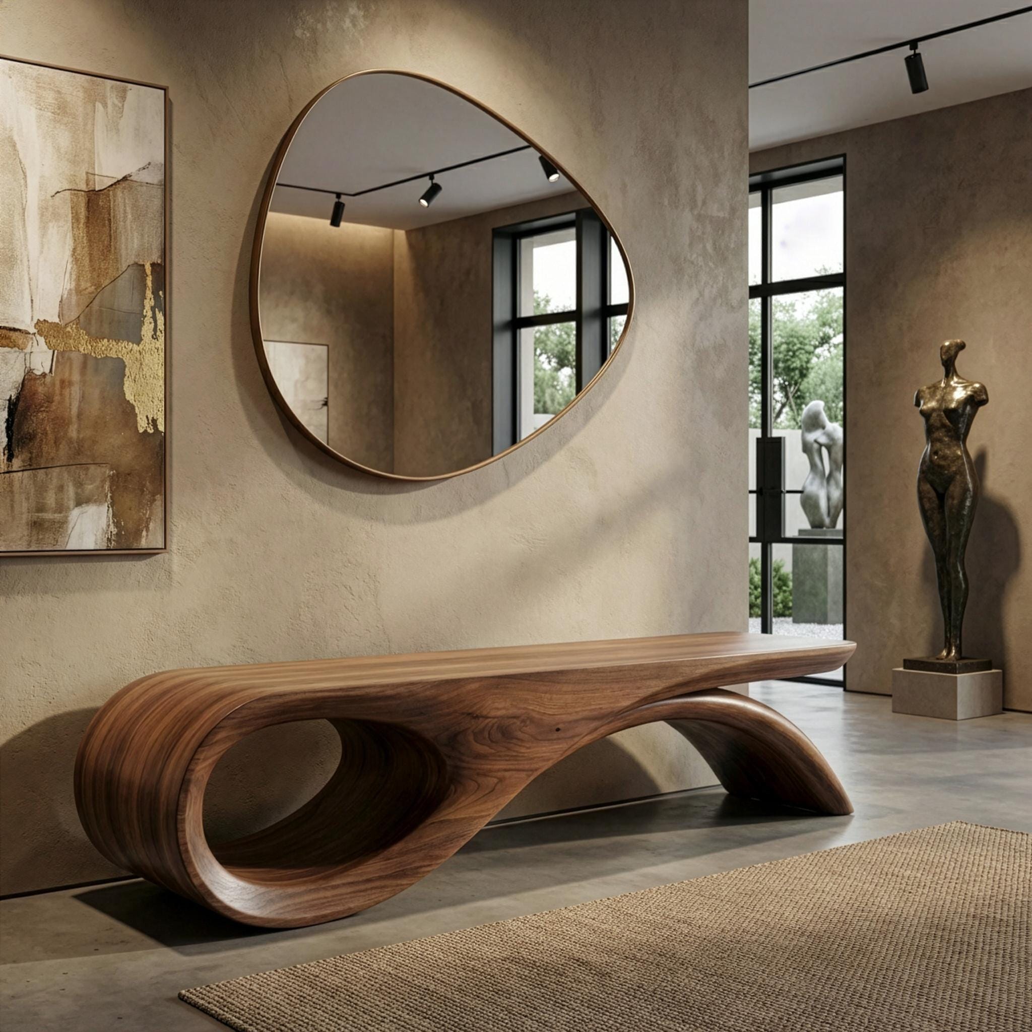 Handmade Solid Walnut Bench, Sculptural Mid-Century Modern Design