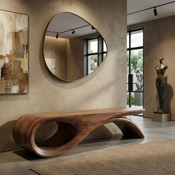 Handmade Solid Walnut Bench, Sculptural Mid-Century Modern Design