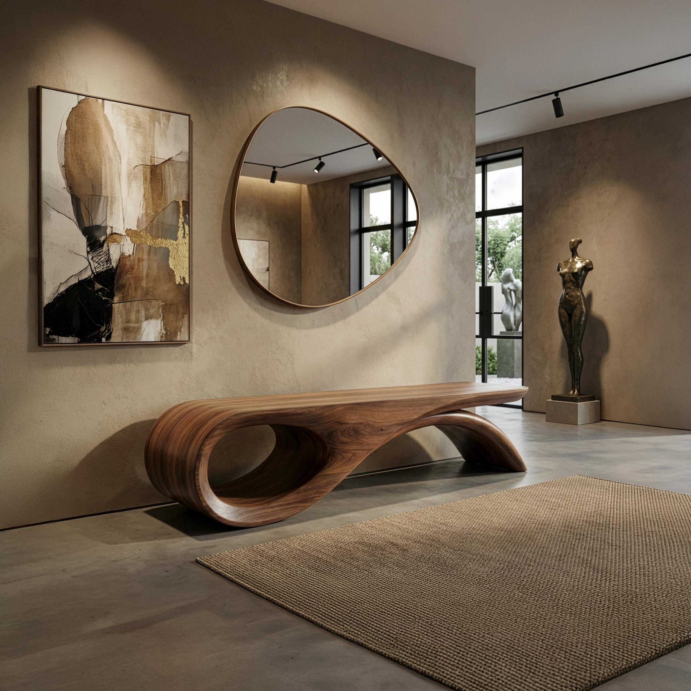 Handmade Solid Walnut Bench, Sculptural Mid-Century Modern Design