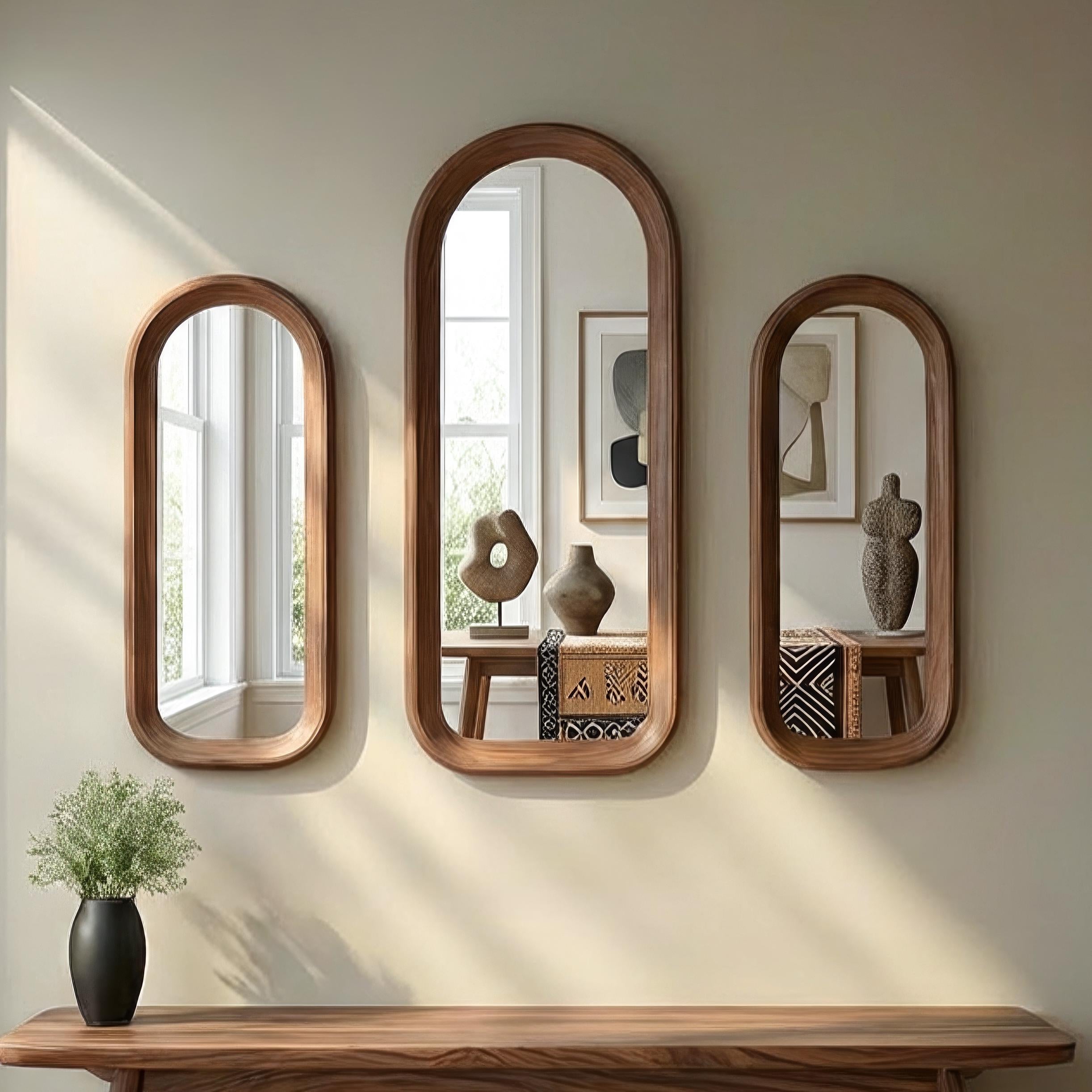 Solid Walnut Asymmetrical Mirror Set, Organic Modern Entryway Wall Art Secondary image