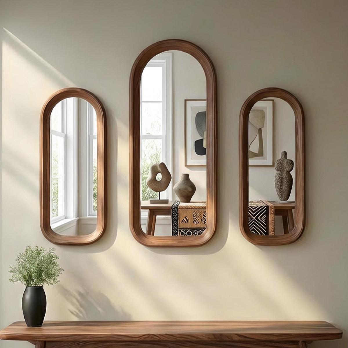 Solid Walnut Asymmetrical Mirror Set, Organic Modern Entryway Wall Art