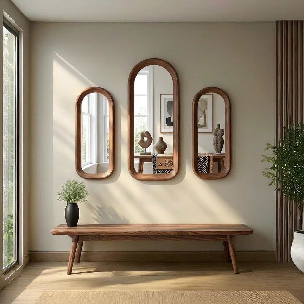 Solid Walnut Asymmetrical Mirror Set, Organic Modern Entryway Wall Art