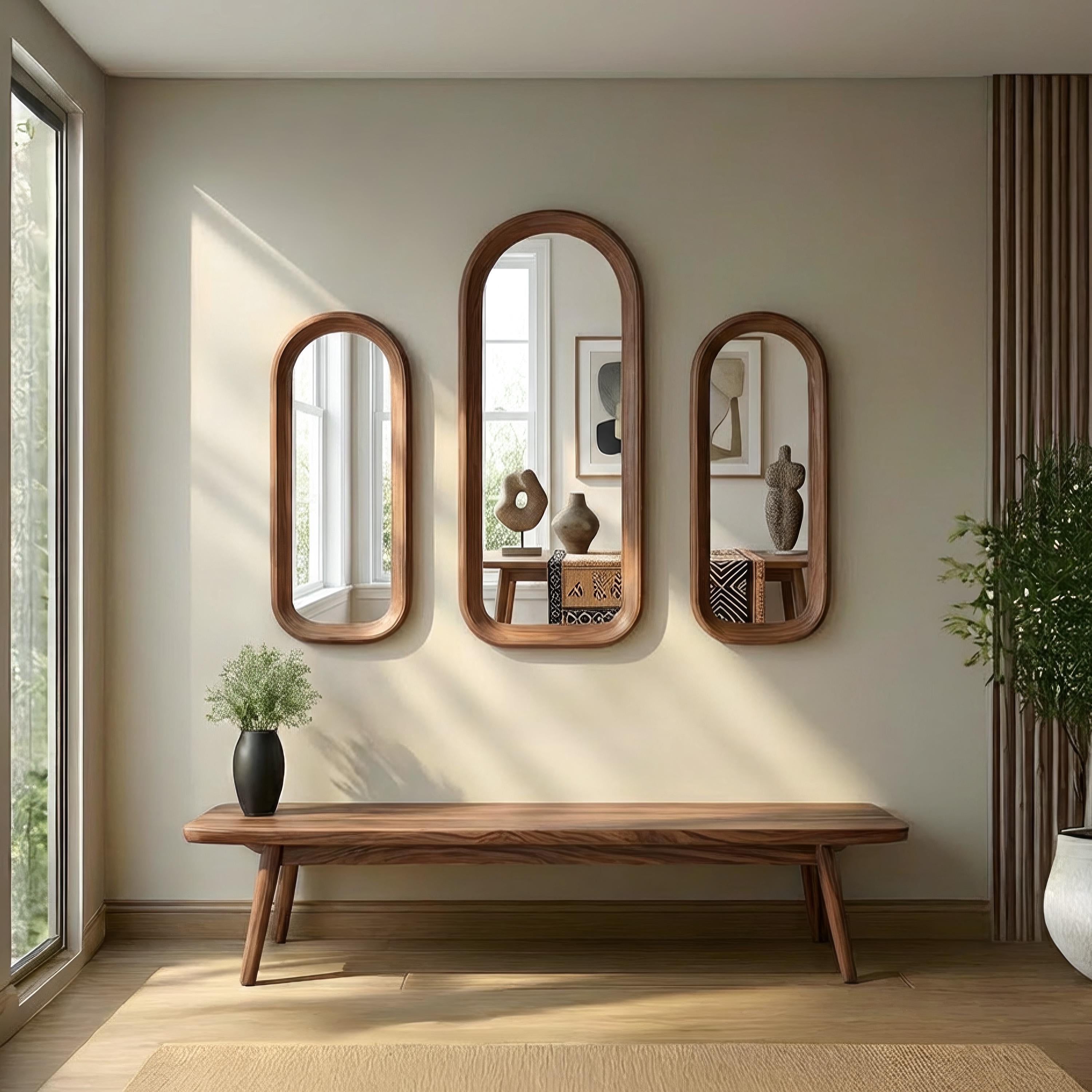 Solid Walnut Asymmetrical Mirror Set, Organic Modern Entryway Wall Art